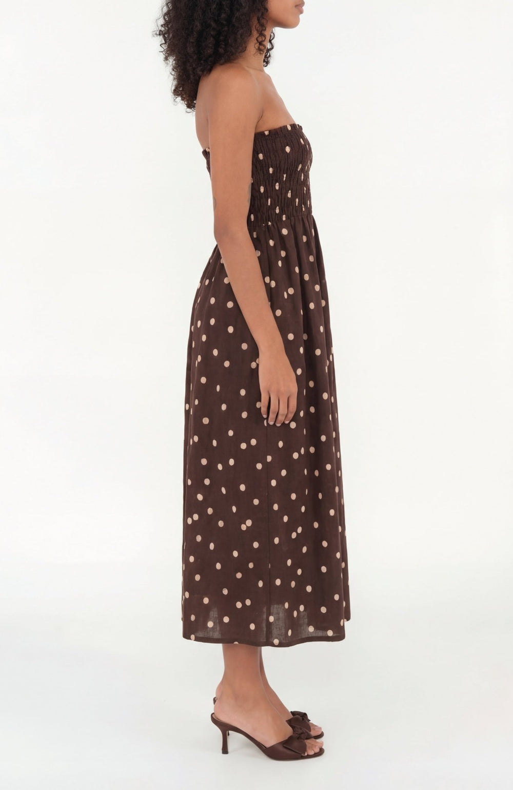 The Drift Strapless Dress in Brown Polka Dot Linen (Copy) - Lulo Project