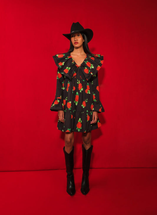 Model wearing tiered poplin mini dress with ruffle collar and Maxi Roses print